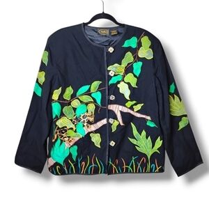 Allure Vintage 90s Artwear Embroidered Jacket Black Jungle Scene Indie Sz L NWT